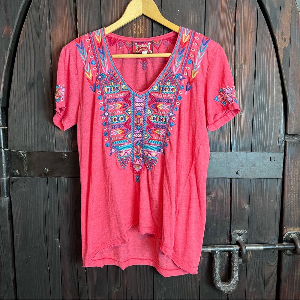 Johnny Was Red Embroidered V-Neck Short Sleeve Top